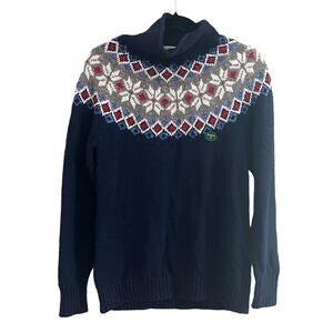 NWOT LL Bean Fair Isle Funnel Neck Navy Knit 100% Cotton Ragg Sweater Size S